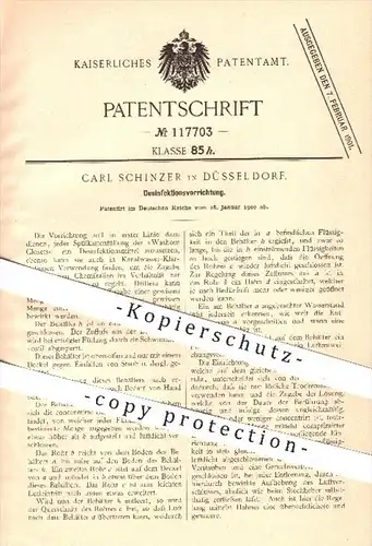 original Patent - Carl Schinzer in Düsseldorf , 1900 , Vorrichtung zur Desinfektion , Desinfizieren , Wasserspülung , WC