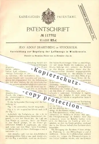 original Patent - Jean A. Drakenberg , Stockholm , 1899 , Regelung der Luftmenge im Windkessel , Windkraft , Wind !