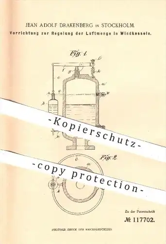 original Patent - Jean A. Drakenberg , Stockholm , 1899 , Regelung der Luftmenge im Windkessel , Windkraft , Wind !