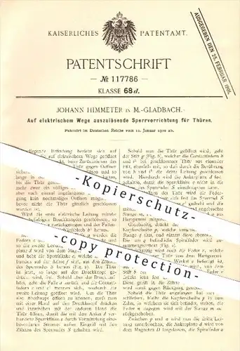 original Patent - J. Himmeter , Mönchengladbach , 1900 , auf elektr. Weg auszulösende Sperrung für Türen , Türschloss !!