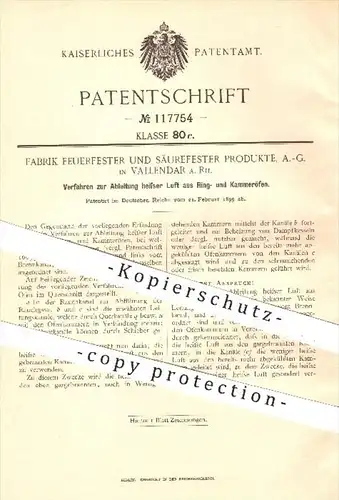 original Patent - Fabrik Feuerfester & Säurefester Produkte AG / Vallendar / 1899 / Ableitung der Luft aus Öfen , Ofen