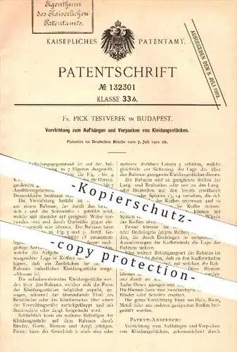 original Patent - Pick Testvérek in Budapest , 1901 , Aufhängen u. Verpacken von Kleidungsstücken , Kleidung , Garderobe