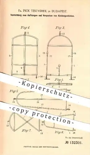 original Patent - Pick Testvérek in Budapest , 1901 , Aufhängen u. Verpacken von Kleidungsstücken , Kleidung , Garderobe