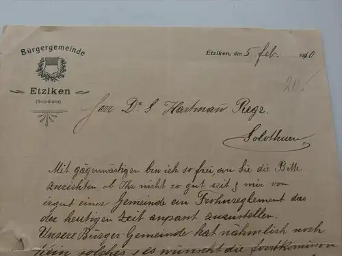 Brief aus Etziken / Solothurn , 1900 , Wasseramt , Franz Meier , Dr. Hartmann !!!