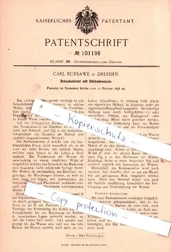 Original Patent  - Carl Kursawe in Dresden , 1898 , Schaukelstuhl mit Sitzbadewanne !!!