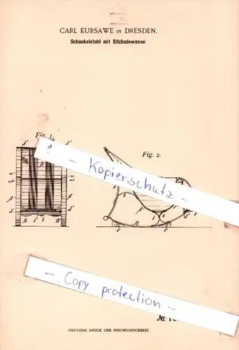 Original Patent  - Carl Kursawe in Dresden , 1898 , Schaukelstuhl mit Sitzbadewanne !!!