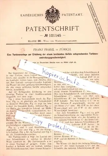 Original Patent  - Franz Pràsil in Zürich , 1898 , Wind- und Wasserkraftmaschinen !!!
