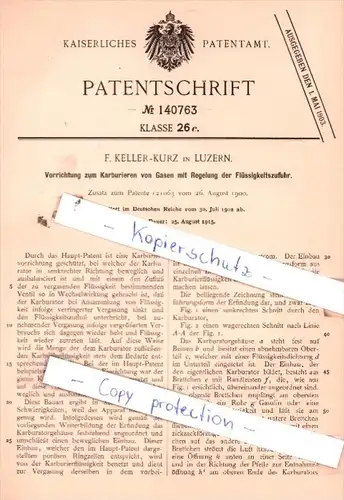 Original Patent  - F. Keller-Kurz in Luzern , 1902 , Karburieren von Gasen  !!!