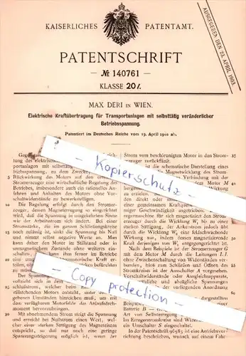 Original Patent  - Max Deri in Wien , 1902 , Elektrische Kraftübertragung für Transportanlagen !!!
