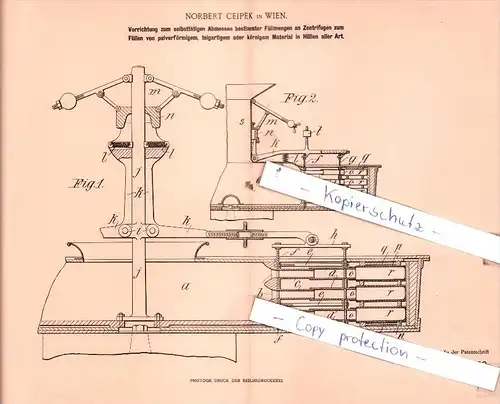 Original Patent  - Norbert Ceipek in Wien , 1902 , Füllmengen an Zentrifugen !!!