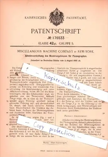 Original Patent  -  Miscellaneous Machine Company in New-York , 1905 , Phonographen !!!