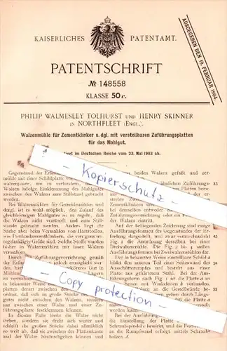 Original Patent  - Philip Walmesley Tolhurst und Henry Skinner in Northfleet , Engl. , 1903 , !!!