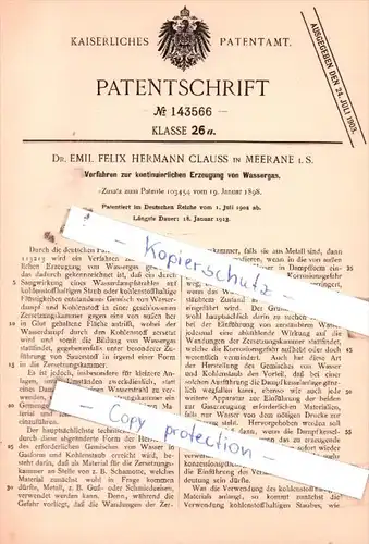 Original Patent  -  Dr. E. F. H. Clauss in Meerane i. S. , 1902 , Erzeugung von Wassergas !!!