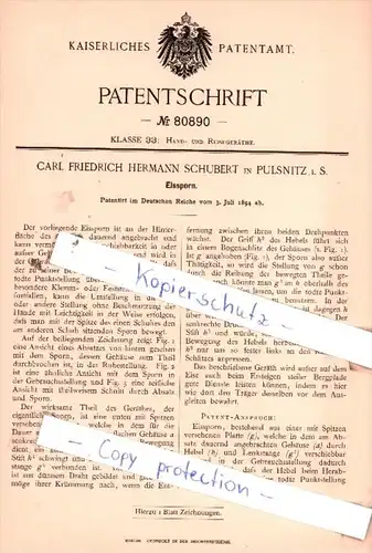 Original Patent  - Carl Friedrich Hermann Schubert in Pulsnitz i. S.  , 1894 , Eissporn !!!