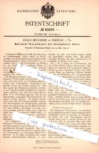Original Patent  - J. Brückner in Ilmenau i. Th. , 1894 , Maximum-Thermometer !!!