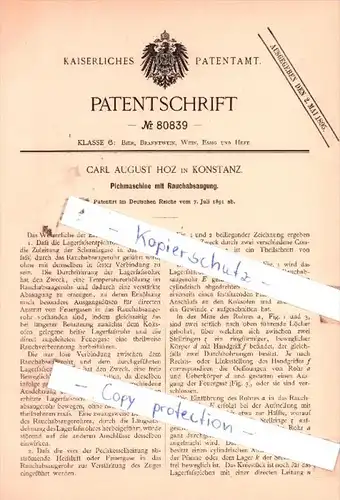 Original Patent  -  Carl August Hoz in Konstanz , 1891 , Pichmaschine mit Rauchabsaugung !!!