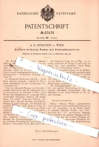Original Patent  - A. D. Reinstein in Wien , 1895 , Einfach wirkende Pumpe mit Schraubenantrieb !!!