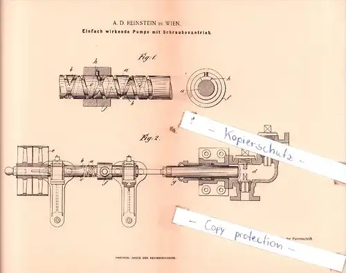 Original Patent  - A. D. Reinstein in Wien , 1895 , Einfach wirkende Pumpe mit Schraubenantrieb !!!