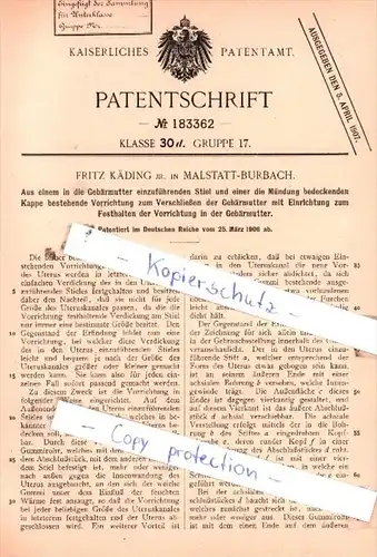 Original Patent  - Fritz Käding jr. in Malstatt-Burbach , 1906 ,  Verschließen der Gebärmutter !!!