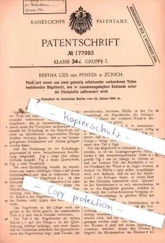Original Patent  - Bertha Lier geb. Pfister in Zürich , 1906 , Tisch !!!