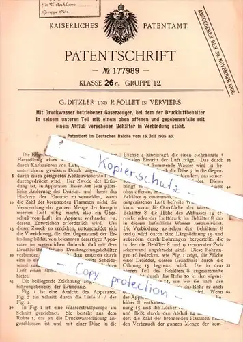 Original Patent  - G. Ditzler und P. Follet in Verviers , 1905 ,  Gaserzeuger !!!