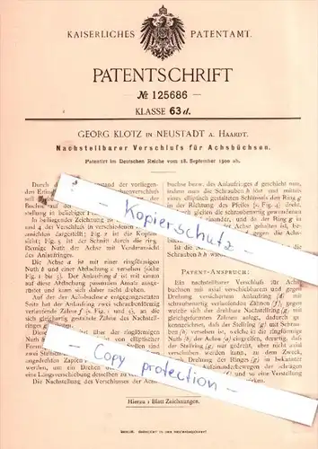Original Patent  - G. Klotz in Neustadt a. Haardt , 1900 , Nachstellbarer Verschluß für Achsbüchsen!!!