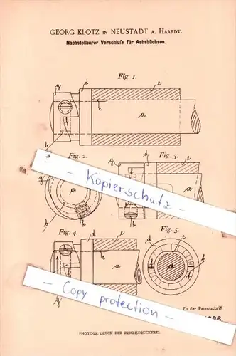 Original Patent  - G. Klotz in Neustadt a. Haardt , 1900 , Nachstellbarer Verschluß für Achsbüchsen!!!