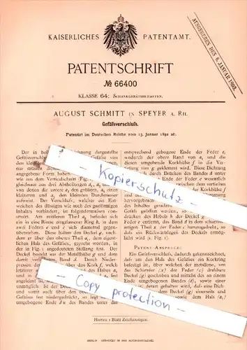 Original Patent  - August Schmitt in Speyer . Rh. , 1892 , Gefäßverschluß !!!