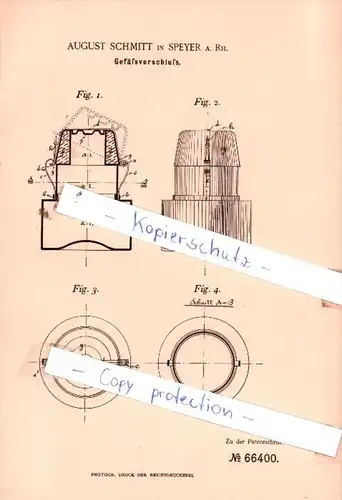 Original Patent  - August Schmitt in Speyer . Rh. , 1892 , Gefäßverschluß !!!