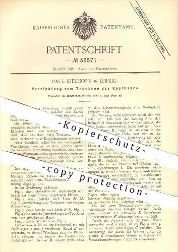 original Patent - P. Kielhorn , Leipzig , 1890 , Kopfhaar trocknen , Haar , Haare , Fön , Friseur , Frisur , Trockenfön