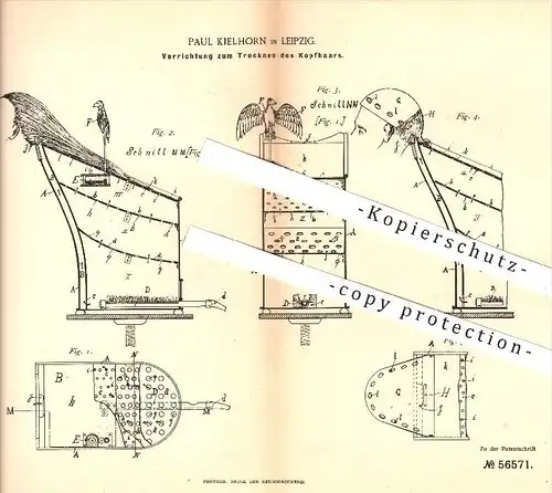 original Patent - P. Kielhorn , Leipzig , 1890 , Kopfhaar trocknen , Haar , Haare , Fön , Friseur , Frisur , Trockenfön