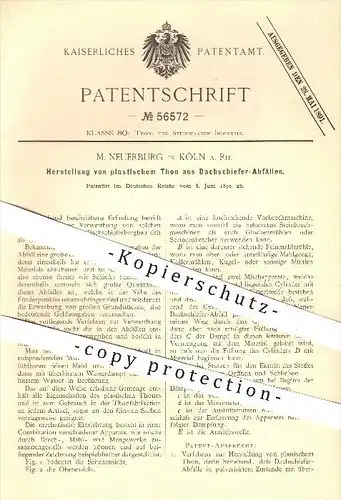 original Patent - M. Neuerburg , Köln / Rhein , 1890 , plastischer Ton aus Dachschiefer - Abfall , Schiefer , Bergbau !!