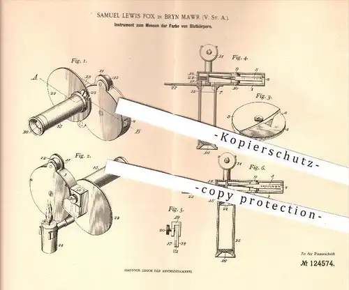 original Patent - Samuel Lewis Fox in Bryn Mawr , USA , 1900 , Messen der Farbe der Blutkörper , Blut , Medizin !!