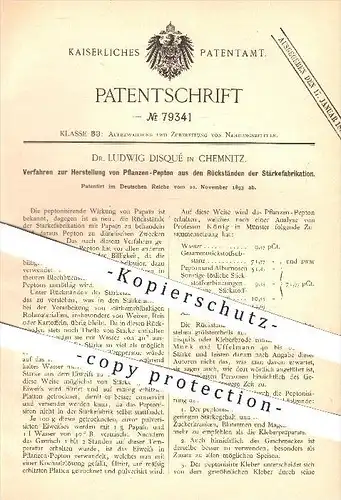 original Patent - Dr. L. Disqué , Chemnitz , 1893 , Herst. von Pflanzen - Pepton aus Rückständen der Stärkefabrikation !
