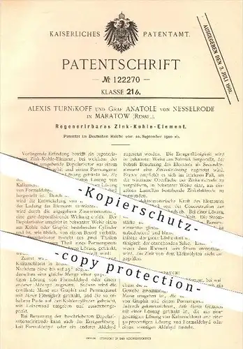 original Patent - Alexis Turnikoff , Graf Anatole von Nesselrode / Maratow , Russland , 1900 , Zink - Kohle - Element !!