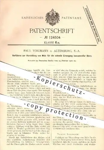 original Patent - Paul Vollmann in Altenburg , 1900 , Herstellung von Malz für die Erzeugung konsumreifer Biere , Bier !