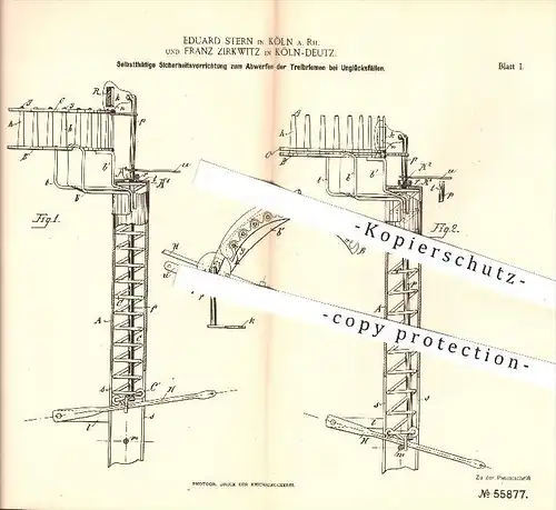 original Patent - E. Stern , F. Zirkwitz , Köln - Deutz / Rhein  1889 , Schutz zum Abwerfen der Treibriemen an Maschinen