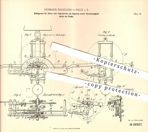 original Patent - H. Marzillier , Halle / Saale , 1894 , Schlagwerk für Uhren , Uhr , Uhrwerk , Pendel , Pendeluhr !!