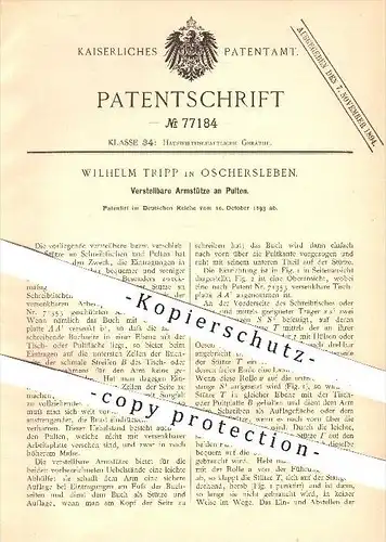 original Patent - Wilh. Tripp , Oschersleben , 1893 , Armstütze am Pult , Pulte , Tischpult , Rednerpult , Schreibtisch