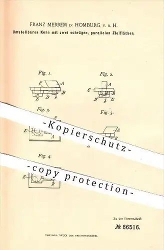 original Patent - F. Merrem , Homburg , 1895 , Korn mit 2 schrägen, parallelen Zielflächen , Waffen , Schusswaffen !!!