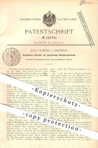 original Patent - P. Schöne , Dresden 1898 , Klaviatur für Streichinstrument , Geige  Geigen , Klavier , Musikinstrument