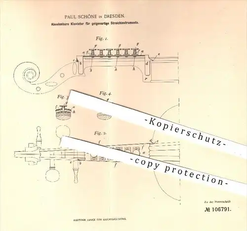 original Patent - P. Schöne , Dresden 1898 , Klaviatur für Streichinstrument , Geige  Geigen , Klavier , Musikinstrument