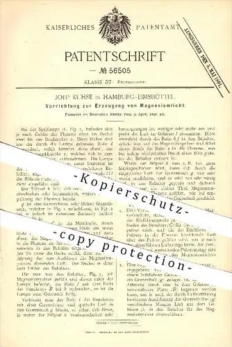original Patent - Johs Kuhse , Hamburg - Eimsbüttel  1890 , Erzeugung von Magnesiumlicht , Licht , Fotografie , Fotograf