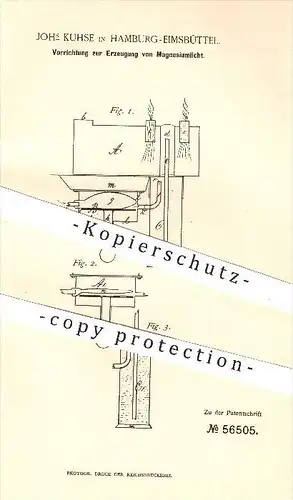 original Patent - Johs Kuhse , Hamburg - Eimsbüttel  1890 , Erzeugung von Magnesiumlicht , Licht , Fotografie , Fotograf