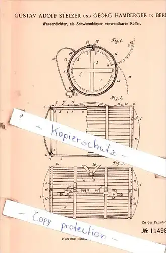 Original Patent  - Gustav Adolf Stelzer und Georg Hamberger in Bern , 1899 , Wasserdichter !!!