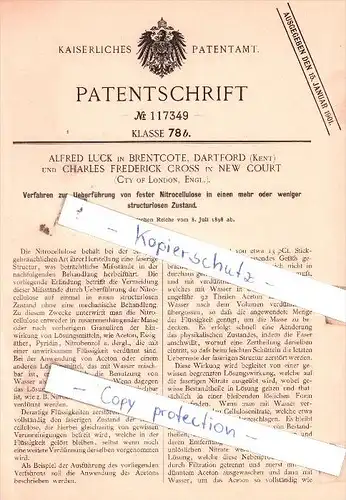 Original Patent  - A. Luck in Brentcote, Dartford und C. Frederick Cross in New Court , 1898 , !!!