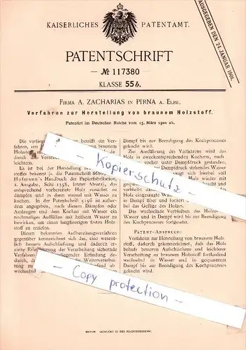 Original Patent  - Firma A. Zacharias in Pirna a. Elbe , 1900 , Herstellung von braunem Holzstoff !!!