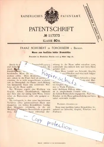 Original Patent  -  F. Schubert in Forchheim i. Bayern , 1899 , Ausfüllen hohler Bremsklötze !!!