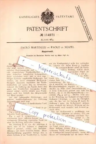 Original Patent  - Paolo Martinelli fu Paolo in Neapel , 1898 , Absperrventil !!!