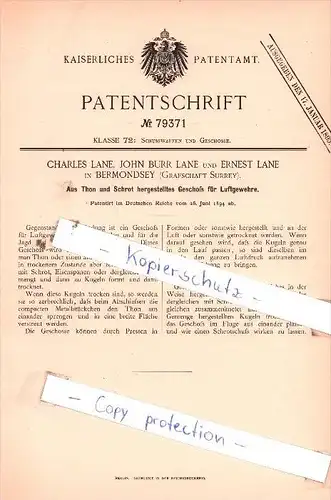 Original Patent  - Charles,  John Burr und Ernest Lane in Bermondsey  , 1894 , Schusswaffen !!!